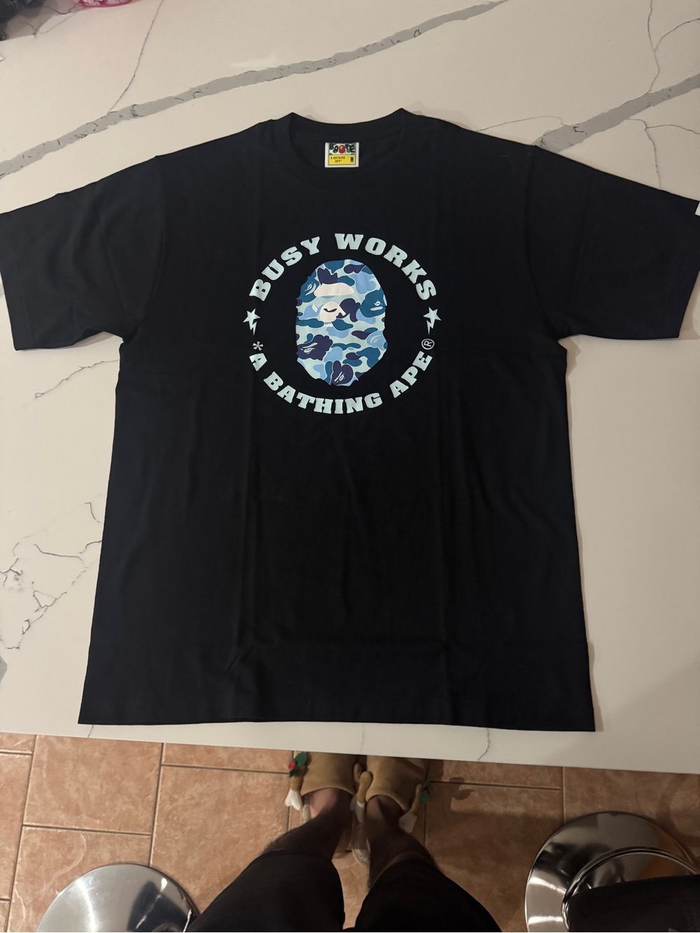 A Bathing Ape Busy Works Black Tee with Blue Camo Logo